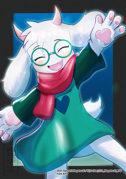 2_horns anthro black_sleeves blush clothing eyes_closed eyewear flesh_fang floppy_ears fur glasses green_clothing green_eyewear green_glasses green_robe hand_pawpads horn lop_ears male open_mouth pawpads pink_horn pink_pawpads robe scarf solo tail twitter_handle white_body white_fur satoshi_nagatsuki deltarune undertale_(series) ralsei bovid caprine goat mammal 2025 absurd_res hi_res portrait three-quarter_portrait
