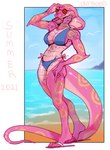 anthro beach bikini bikini_bottom bikini_top breasts cleavage clothed clothing eyewear female flip_flops footwear front-tie_bikini front-tie_clothing front-tie_swimwear non-mammal_breasts outside pink_body pink_scales sand sandals scales seaside shoes side-tie_bikini side-tie_clothing side-tie_swimwear snake_hood solo standing string_bikini sunglasses swimwear two-piece_swimsuit lbt9000 cobra reptile scalie snake absurd_res hi_res