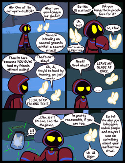 black_body blue_clothing blue_hood blue_robe brown_clothing brown_footwear brown_shoes cape clothing dialogue ellipsis exclamation_point footwear forest grass group magic male motion_lines mouthless night no_pupils onomatopoeia outside plant red_cape red_clothing red_hood red_robe robe shoes sound_effects speech_bubble text tree trio yellow_eyes ultilix leo_the_magician fairy humanoid shadow_creature 2025 comic english_text hi_res