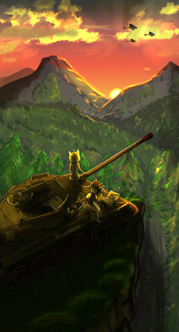 armored_vehicle cannon cat_tail clothing cloud collar duo eating electronics female forest gun heavy_machine_gun looking_forward machine machine_gun plant radio ranged_weapon sitting sunset swimwear tank_(vehicle) tracked_vehicle tree turret vehicle weapon lexel732 m18_hellcat fan_character felid feline mammal absurd_res hi_res