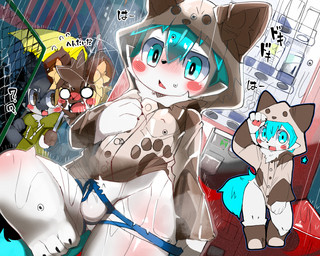 ambiguous_gender anthro black_body black_fur black_hair blue_eyes blue_hair blue_seam_underwear blush blush_lines bodily_fluids body_blush briefs brown_body brown_fur chibi clothing clothing_pull colored_seam_underwear crotch_tuft cute_fangs detailed_background fangs footprint fur glistening green_clothing green_hoodie green_topwear grey_body grey_fur group hair hand_on_chest holding_object holding_umbrella hoodie inner_ear_fluff kemono kigurumi male male/ambiguous neck_tuft nose_blush onesie open_mouth pawprint pupils raining shocked slit_pupils solo_focus sweat sweatdrop tail tan_body tan_fur tears teeth text topwear translucent_umbrella trio tuft umbrella underwear underwear_pull undressing vending_machine wet wet_clothing wet_underwear white_body white_briefs white_clothing white_fur white_tail white_underwear young young_anthro dinogaize teru_(naegi) african_wild_dog canid canine canis mammal wolf 2019 5:4 japanese_text translated