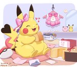 belly bow_(feature) bow_ribbon cake clothing cookie_box cosplay_pikachu_(costume) crumbs dessert eating eating_cake eyes_closed fat_rolls featureless_crotch female feral food food_container happy head_accessory heart_symbol letter obese obese_female obese_feral open_mouth open_smile overweight overweight_female overweight_feral pillow plushie pokeball ribbons sitting smile solo sweets tail twitter_handle weight_gain nawa nintendo pokemon pikachu_pop_star generation_1_pokemon pikachu pokemon_(species) 2022 dated signature