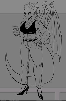 anthro back_wings belt big_breasts breasts cellphone clock clothed clothed_anthro clothed_female clothing ear_piercing ear_ring electronics eyelashes female footwear fully_clothed fully_clothed_anthro fully_clothed_female hand_in_pocket high_heels holding_cellphone holding_object holding_phone holding_smartphone hoop_ear_ring horn looking_at_cellphone looking_at_object looking_at_phone muscular muscular_anthro muscular_female navel non-mammal_breasts non-mammal_navel panties phone piercing pockets ring_piercing scales shoes shoulder_spots smartphone solo tail underwear ventral_scales watch wings wristwatch harry_amorós ingrid_the_plague_doctor mythology ember_(harry_amoros) dragon mythological_creature mythological_scalie scalie 2026 monochrome sketch
