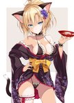 accessory alcohol beverage big_breasts blonde_hair blue_eyes breasts choker clothing female flower flower_in_hair hair hair_accessory hand_on_hip jewelry looking_at_viewer necklace plant sake simple_background solo underwear white_background oota_yuuichi animal_humanoid cat_humanoid felid felid_humanoid feline feline_humanoid humanoid mammal mammal_humanoid 2019 hi_res