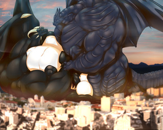 anthro balls big_balls big_muscles big_pecs big_penis black_body black_scales body_size_growth city duo erection eye_contact genitals giga horn huge_muscles huge_pecs humanoid_genitalia humanoid_penis hyper hyper_biceps hyper_muscles hyper_pecs landscape_dwarfing looking_at_another lying macro male membrane_(anatomy) membranous_wings muscular muscular_anthro muscular_male nipples nude on_back pecs penis scales size_transformation smile tail transformation wings danandnite european_mythology mythology gandal kael_artherion dragon mythological_creature mythological_scalie scalie western_dragon 2016 5:4 absurd_res digital_media_(artwork) hi_res