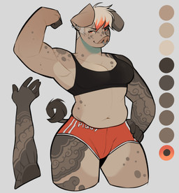 anthro belly bottomwear clothing ear_piercing ear_ring facial_piercing female flexing flexing_bicep floppy_ears freckled_face freckles front_view hair hand_on_hip hotpants looking_at_viewer midriff muscular muscular_anthro muscular_female nose_piercing nose_ring piercing ring_piercing septum_piercing septum_ring short_hair shorts slightly_chubby slightly_chubby_female solo tail tail_tuft tattoo tomboy tuft ramahuro domestic_pig mammal suid suine sus_(pig) absurd_res hi_res model_sheet