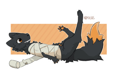 bandage black_body black_fur bound female fur lying on_back orange_eyes orange_pawpads pawpads semi-anthro simple_background solo worried nipolus casualties:_unknown canid canine expie_(gunsawian) gunsawian hybrid mammal hi_res