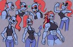 abs biceps blue_body blue_scales bottomwear breasts cleavage clothed clothing crotch_lines denim denim_bottomwear denim_clothing ear_frill eye_patch eyewear female frill_(anatomy) hair heart_symbol jeans melee_weapon midriff muscular muscular_female muscular_humanoid one_eye_obstructed pants polearm ponytail red_hair scales sharp_teeth solo spear teeth weapon galactabee undertale undertale_(series) undyne animal_humanoid fish fish_humanoid humanoid marine marine_humanoid 2021 absurd_res hi_res