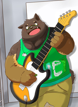 anthro bass_guitar belly blush bottomwear brown_body brown_fur clothing cute_fangs fangs fur guitar humanoid_hands male musical_instrument overweight overweight_anthro overweight_male pants plucked_string_instrument shirt solo string_instrument teeth topwear tubz_thapbear12 wanko_ekaki1212 yuuh1212 canid canine canis domestic_dog mammal 2019 hi_res
