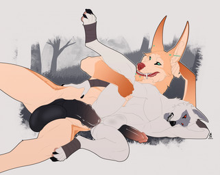 anal anal_fluids anal_penetration animal_genitalia animal_penis anthro anthro_on_anthro anthro_penetrated anthro_penetrating anthro_penetrating_anthro arm_support arm_wrapping arm_wraps athletic athletic_anthro athletic_male ball_size_difference balls big_balls big_penis black_balls black_penis bodily_fluids cheek_tuft chin_piercing chin_tuft claws darkened_balls darkened_genitalia darkened_penis duo ear_piercing equine_genitalia equine_penis erection facial_markings facial_tuft fangs feet foot_wrapping foot_wrappings foot_wraps from_behind_position frown fur fuzzy genitals green_eyes grey_body grey_fur grin gums gums_(mouth) hand_behind_head head_markings holding_leg humanoid_genitalia humanoid_penis leaning leaning_on_elbow leg_grab long_ears long_penis lying male male/male male_penetrated male_penetrating male_penetrating_male markings mask_(marking) neck_tuft nude on_side orange_body orange_fur pawpads penetration penis penis_size_difference piercing raised_leg red_eyes sex shallow_penetration size_difference smaller_penetrated smile tailless teeth tuft wrapped_arms wraps sabuky dreamworks puss_in_boots_(franchise) death_(puss_in_boots) sabuke_(character) canid canine canis demon mammal wolf hi_res signature