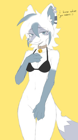 4_fingers anthro arm_tuft bangs bedroom_eyes bell bell_collar bikini bikini_top black_bikini_top blue_eyes bottomless bottomless_anthro bottomless_female breasts clipped_ear clipped_tail clothed clothed_anthro clothed_female clothing collar collarbone confident_anthro confident_female covering covering_crotch ear_piercing elbow_glove_marking elbow_tuft emoticon eyebrows eyelashes facial_markings female female_anthro fingers front_view fur gloves_(marking) grey_body grey_fur hand_on_breast head_markings inner_ear_fluff looking_at_viewer markings mole_(marking) mostly_nude narrowed_eyes navel piercing pose pupils raised_arm seductive shoulder_tuft simple_background small_breasts smile smiling_at_viewer snout solo standing swimwear talking_to_viewer text thigh_gap tuft two-piece_swimsuit white_body white_fur yellow_background eneki_sei canid canine fox mammal 2026 9:16 colored digital_drawing_(artwork) digital_media_(artwork) english_text flat_colors hi_res pinup portrait three-quarter_portrait