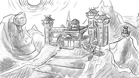 bell bridge building door eyeball landscape landscape_background mountain pagoda path sculpture statue sun temple wall_(structure) zero_pictured dragonweirdo 16:9 comic hi_res monochrome widescreen