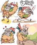 alternate_species anus armor avian_feet biped blush brown_body clothed clothed_feral clothing day eyes_closed feathered_wings feathers feral furrification headgear heart_symbol helmet holding_melee_weapon holding_object holding_sword holding_weapon male melee_weapon mouth_hold open_mouth outside running sitting solo sound_effects standing sword weapon wings x_anus fuf dark_souls fromsoftware praise_the_sun_(meme) solaire_of_astora avian bird chicken galliform gallus_(genus) phasianid 2019 hi_res meme multiple_scenes