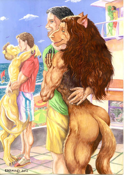 anthro duo female green_eyes group hair lips male muscular nude seaside tail thick_bottom_lip dracowhip alien_(franchise) alien avian bird felid human lion mammal pantherine scalie xenomorph 2012 hi_res