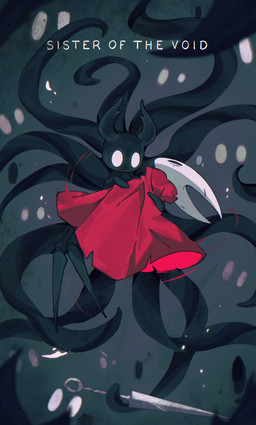2_horns ambiguous_gender black_body black_eyes cloak clothed clothing duo empty_eyes holding_another horn melee_weapon red_cloak red_clothing tendrils text weapon white_eyes white_text mixiepixiie hollow_knight:_silksong hollow_knight_(franchise) team_cherry hornet_(hollow_knight) the_knight_(hollow_knight) arachnid arthropod shadow_creature spider 2026 absurd_res english_text hi_res female_(lore) half_sister_(lore) sibling_(lore) sister_(lore)