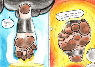 5_toes anthro big_butt blue_background boots brown_pawpads butt claws clothing duo feet female foot_fetish foot_focus footwear inside_shoe legwear male nails pawpads scared shoes simple_background speech_bubble standing steam text thigh_highs toe_claws toenails toes toony ferrumbunny gameoverse glitch_productions anon kit_bodega domestic_cat felid feline felis human mammal 2026 colored_pencil_(artwork) comic detailed english_text hi_res traditional_media_(artwork)