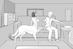 bad_metadata blush bottomless canid canid_taur canine canine_taur canis clothed clothing domestic_dog dotoro_(artist) duo female fur furniture hair human humanoid_taur inside male mammal mammal_taur missing_sample monochrome monster_girl_(genre) sofa taur teats