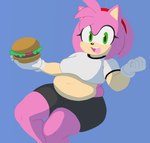 anthro belly breasts burger dialogue female food navel slightly_chubby solo thick_thighs champchidi sega sonic_the_hedgehog_(series) amy_rose eulipotyphlan hedgehog mammal 2024 hi_res