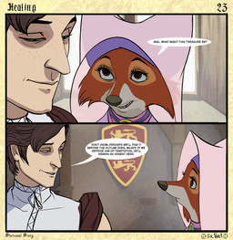 anthro asking asking_another border brown_hair cheek_tuft clothed clothed_anthro clothed_female clothed_human clothed_male clothing countershade_face countershade_fur countershading dialogue duo eye_contact eyebrows eyelashes facial_tuft female female_anthro freckled_face freckles fur hair headdress insignia iris kneeling light_body light_skin light_through_window looking_at_another male male_human narrowed_eyes nobleman page_number pupils question shield shirt sitting smile snout speech_bubble stone_wall talking_to_another text title topwear translucent_headdress tuft wall_(structure) wall_decoration white_clothing white_shirt white_topwear wimple sir_paulus disney robin_hood_(disney) maid_marian pavel_(sir_paulus) canid canine canis fox human mammal artist_name comic english_text hi_res