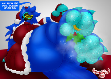 3_toes 4_fingers accidental_holly anthro bedroom_eyes big_breasts big_feet blue_body blue_fur blue_hair bodily_fluids breasts christmas_clothing christmas_headwear claws clothed clothing cybernetics dress feet female fingerless_gloves fingers foot_fetish foot_focus freckled_feet freckles fur gloves hair handwear hat headgear headwear holidays holly_(plant) huge_feet legs_up long_tail looking_at_viewer lying lying_on_ground machine musk musky_feet narrowed_eyes on_ground open_mouth pawpads paws plant protogen_visor raised_leg raised_paw ring santa_hat seductive simple_background smug speech_bubble sweat sweatdrop sweaty_feet tail text toes yellow_eyes sokoyo_owo christmas starry_(sokoyo_owo) canid canine cyborg mammal protogen hi_res