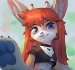 anthro blue_eyes blue_paws bottomwear clothing female hair horn looking_at_viewer pawpads paws red_hair shorts smile smiling_at_viewer solo elodoart mammal hi_res