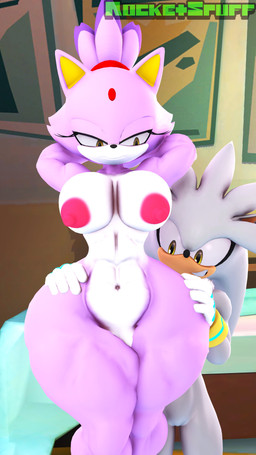 anthro barely_visible_genitalia barely_visible_vulva bedroom_eyes breasts duo female genitals hand_on_hip hands_behind_head huge_thighs looking_at_another male narrowed_eyes nude nude_female seductive small_breasts smug_grin standing thick_thighs vulva rocketspuff sega sonic_the_hedgehog_(series) blaze_the_cat silver_the_hedgehog domestic_cat eulipotyphlan felid feline felis hedgehog mammal 3d_(artwork) 4k 9:16 absurd_res digital_media_(artwork) hi_res