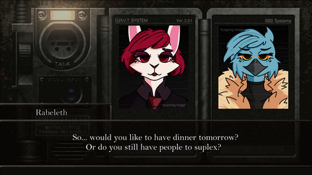 anthro antlers beak black_beak blue_body blue_feathers blue_hair camera clothing coat dialogue duo electronics eyelashes feathers freckles fur fur_coat hair horn necktie phone red_hair shirt speech_bubble sweater tactical tactical_gear technology text topwear video_call white_body white_fur yellow_eyes rabeleth capcom resident_evil avian jackalope lagomorph mammal 16:9 english_text hi_res widescreen