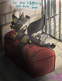 angry animal_genitalia anthro anus backsack ball_gag balls bdsm bondage bound butt cuff_(restraint) dialogue forced gag genitals male pawpads paws penis prison prisoner raised_tail restraints sheath shota slave solo tail text young young_anthro young_male smolfoks octavian_(7intandadream) anubian anubian_jackal canid canine canis jackal mammal english_text hi_res