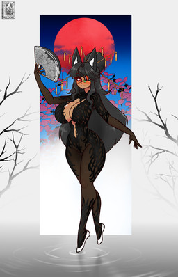 areola black_hair breasts clothing dress eye_patch eyewear female fingers genitals hair hand_fan pussy_floss red_eyes solo translucent translucent_clothing vulva halotroll animal_humanoid humanoid 2026 absurd_res hi_res
