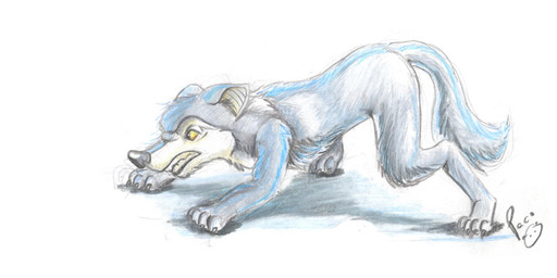 ambiguous_feral ambiguous_gender bared_teeth black_nose blue_markings blue_tail claws feral fighting_pose fur grey_body grey_fur grey_tail logo markings pose side_view simple_background solo tail teeth toony white_background white_body white_fur yellow_eyes pandapaco canid canine mammal artist_logo signature