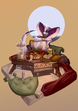 5_fingers alcohol ambiguous_gender anthro beer beverage big_breasts bread breasts female feral fingers food gold_(metal) gold_jewelry green_eyes group jewelry meat nipple_outline open_mouth pillow sausage smile snake_hood solo_focus white_body botak mammal mouse murid murine reptile rodent scalie snake hi_res
