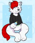 ageplay anthro baby_bottle black_clothing black_hoodie black_topwear blue_background clean_diaper clothed clothing diaper eyes_closed fur hair holding_object hoodie male pantsless paws red_body red_fur red_hair roleplay simple_background sitting smile solo text topwear wearing_diaper white_body white_fur poopslug mammal english_text watermark