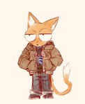 anthro big_eyes biped bottomwear clothed clothing coat denim denim_bottomwear denim_clothing dipstick_tail footwear fully-body_portrait fully_clothed fur hand_in_pocket inner_ear_fluff jeans male markings orange_body orange_fur pants pockets shoes simple_background solo standing tail tail_markings topwear tuft white_background onni's domestic_cat felid feline felis mammal digital_drawing_(artwork) digital_media_(artwork) hi_res