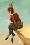 anthro big_ears bracelet clothing female hood hooves jewelry leg_wraps outside puffy_pants sand sash short-sleeve_shirt short_tail sitting solo tail topwear vest wraps ais05 anna_(validheretic) goblin humanoid lagomorph leporid mammal 2:3 absurd_res hi_res