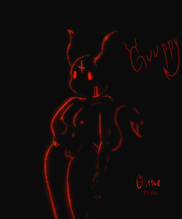 black_body breasts cross female genitals glowing glowing_eyes glowing_genitalia glowing_vulva inverted_cross outline red_eyes red_glow shadow solo standing tail text vulva littlemeanie fan_character guuppy demon humanoid hybrid shadow_creature character_name hi_res signature