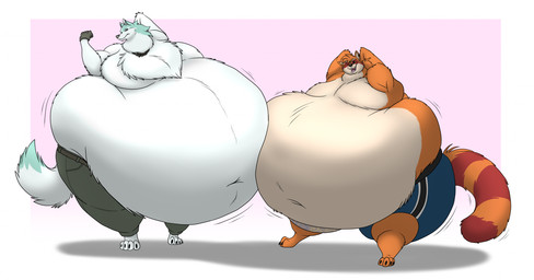anthro barefoot belly belt big_belly bottomwear claws clothed clothing duo fangs feet fist flexing gloves hand_behind_head hands_behind_head handwear huge_belly hyper hyper_belly looking_at_viewer male morbidly_obese morbidly_obese_anthro morbidly_obese_male mouth_closed navel neck_belt obese obese_anthro obese_male one_eye_closed open_mouth overweight overweight_anthro overweight_male pants paws tail teeth thick_thighs tongue topless topless_anthro topless_male wide_hips wink winking_at_viewer hectorthewolf brand_new_animal studio_trigger fan_character shirou_ogami canid canine canis mammal raccoon_dog tanuki wolf 2025 hi_res