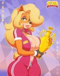 2017 5_fingers activision anthro areola award bandicoot big_breasts black_nose blonde_hair bodysuit breasts cleavage clothed clothing crash_bandicoot_(series) daxzor deep_cleavage english_text eyebrows eyelashes eyeshadow female fingerless_gloves fingers gloves green_eyes hair hair_over_eye handwear inner_boob inner_ear_fluff jumpsuit long_hair looking_at_viewer makeup mammal markings marsupial mole_(marking) navel nipple_outline one_eye_obstructed skinsuit solo tawna_bandicoot text thick_thighs tight_clothing trophy tuft unzipped wide_hips zipper zipper_down zipper_jumpsuit
