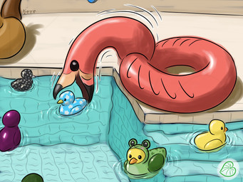 ambiguous_gender beak black_beak_tip black_body blue_body detailed_background feral floating floral_pattern frog_costume green_body group imminent_object_vore imminent_oral_vore imminent_vore lunging metallic_body motion_lines object_pred oblivious open_mouth orange_beak outside pink_body polka_dots pool_ring pool_toy purple_body rubber_duck spots swimming_pool water white_beak white_spots yellow_beak yellow_body kava_(artist) placid_plastic_duck_simulator anatid animate_inanimate anseriform avian bird duck flamingo 4:3 absurd_res hi_res