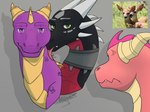 angry annoyed black_body blush bodily_fluids female feral green_eyes horn jewelry licking male necklace pink_body purple_body purple_eyes sweat sweatdrop tongue apollyondragon activision mythology spyro_the_dragon cynder ember_(spyro) spyro deer dragon mammal mythological_creature mythological_scalie scalie 2023 digital_drawing_(artwork) digital_media_(artwork) half-length_portrait portrait reference_image signature