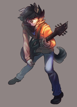 anthro clothed clothing electric_guitar fur guitar hair holding_musical_instrument holding_object looking_at_viewer male musical_instrument playing_guitar playing_music plucked_string_instrument smile solo standing string_instrument teeth kardie canid canine canis domestic_dog mammal
