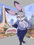 2024 anthro big_breasts blush breasts buckteeth cleavage clothed clothing dipstick_ears disney ear_markings female hi_res huge_breasts judy_hopps lagomorph leporid looking_at_viewer mammal multicolored_ears police police_uniform rabbit solo solratic teeth thick_thighs ticket uniform zipper zootopia