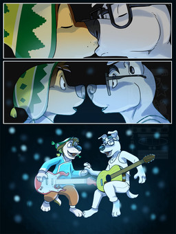 acoustic_guitar anthro duo electric_guitar guitar kissing male male/male musical_instrument playing_guitar playing_music plucked_string_instrument string_instrument eclipticafusion animal_crossing nintendo rock_dog bodi_(rock_dog) k.k._slider canid canine canis domestic_dog mammal 3:4 comic crossover hi_res
