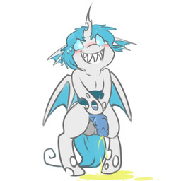 animal_genitalia balls blue_eyes blue_hair blush bodily_fluids fangs feral genital_fluids genitals hair half-erect horn male membrane_(anatomy) membranous_wings nude peeing penis simple_background smile solo teeth urine urine_on_ground urine_pool urine_stream watersports white_background wings backsash friendship_is_magic hasbro my_little_pony fan_character languedoc arthropod changeling_(mlp) 1:1 absurd_res digital_media_(artwork) hi_res