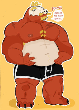 anthro armpit_hair bared_teeth beard belly biceps big_belly black_bottomwear black_clothing black_shorts body_hair bone bone_mask bottomwear claws clothed clothing facial_hair facial_scar feet hair hand_on_belly male mask multicolored_body musclegut muscular muscular_legs muscular_male mustache nipples overweight overweight_anthro overweight_male red_body scar shorts skull skull_head skull_mask solo teeth text thick_thighs toe_claws topless white_body crococola nintendo pokemon francis_(crococola) fuecoco generation_9_pokemon pokemon_(species) english_text hi_res