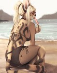 4_toes 5_fingers anthro barefoot beach bikini blonde_hair breasts butt butt_focus clothed clothing dessert detailed_background eyewear feet female fingers food foot_focus fur glasses hair holding_food holding_object holding_popsicle humanoid_feet humanoid_hands ice_cream licking licking_popsicle markings nerd pawpads plantigrade plantigrade_pawpads ponytail popsicle ring_(marking) ringed_tail sand scenery seaside side_boob sitting sitting_on_ground soles solo spots spotted_body striped_markings striped_tail stripes swimwear tail tail_markings toes tongue tongue_out two-piece_swimsuit yellow_body yellow_fur wavei felid feline felis mammal serval detailed digital_media_(artwork) full-length_portrait hi_res portrait