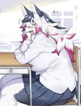 anthro big_breasts blue_eyes bodily_fluids bottomwear breasts clothing female fur grey_body grey_fur huge_breasts kemono multicolored_body multicolored_fur open_mouth school_uniform sitting skirt snout sweat sweatdrop text tongue two_tone_body two_tone_fur uniform white_body white_clothing white_fur kishibe husky_(kishibe) canid canine canis domestic_dog husky mammal nordic_sled_dog spitz japanese_text translated