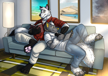 anthro black_nose blue_bottomwear blue_clothing blue_pants book bottomwear brown_eyes clothed clothing dipstick_tail duo front_view fur furniture hair hand_on_chest holding_book holding_drawing_tablet holding_object holding_tablet_pen inside lamp lying male male_anthro markings mouth_closed on_back on_sofa pants pawpads pink_pawpads red_clothing red_shirt red_topwear shirt short_hair side_view sitting sofa t-shirt tail tail_markings topwear white_body white_bottomwear white_clothing white_fur white_hair white_pants white_shirt white_t-shirt white_tail white_topwear white_wool wool_(fur) yellow_eyes yellow_nose yellow_pawpads hufnaar bovid canid canine caprine hybrid mammal sheep 2021 absurd_res dated hi_res