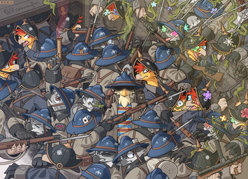 adrian_helmet ambiguous_gender anthro armor barbed_wire brodie_helmet clothing flare_gun group gun headgear helmet hidden_eyes looking_at_viewer military_uniform open_mouth outside plant ranged_weapon rifle smile standing submachine_gun uniform weapon roawayart ave_(roawayart) eurus_(roawayart) plantide_(roawayart) avian 2025 hi_res