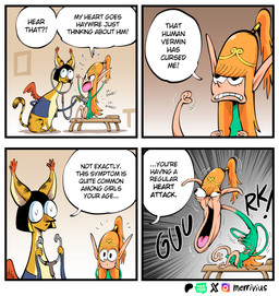 clenched_teeth clothing crown dialogue dress eyelashes eyewear female fur glasses gold_hair_ring green_clothing green_dress hair headgear humanoid_pointy_ears long_ears long_hair long_tail orange_body orange_fur orange_hair orange_wings pink_tongue pointy_ears pointy_nose ponytail round_glasses speech_bubble tail tan_body tan_fur teeth text tiara tongue wings merrivius elf_comic mythology dr._sphinx_(merrivius) elf_(merrivius) elf felid mammal mythological_creature mythological_sphinx 2025 comic digital_media_(artwork) english_text hi_res