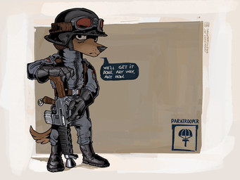 4_fingers anthro armor assault_rifle black_boots black_clothing black_footwear black_gloves black_handwear boots brown_body brown_fur clothing dialogue eyewear fingers footwear fur gloves goggles grey_uniform gun handwear headgear helmet holding_assault_rifle holding_gun holding_object holding_ranged_weapon holding_weapon male military military_uniform ranged_weapon rifle shoes simple_background soldier solo tail text uniform warrior weapon alekksandar conditional_dnp canid canine canis domestic_dog mammal 4:3 digital_media_(artwork) english_text hi_res url